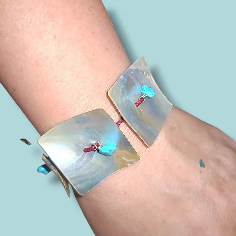 Sterling Silver Shell Turquoise Leather Bracelet Square Panel Artisan‎ 7in